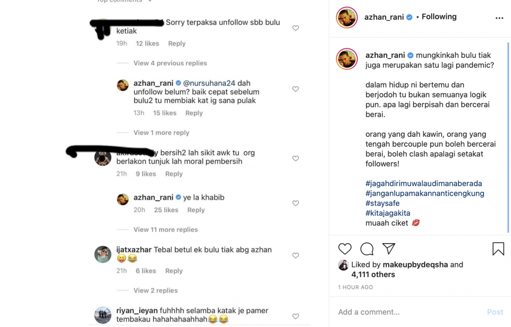 Gara-Gara Gambar Bulu Ketiak, Ada Peminat Mahu Unfollow Azhan Rani Di Instagram